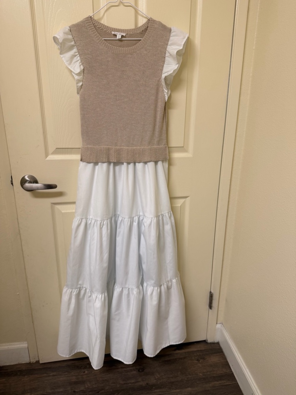 Girls Beige Knit Vest & White Tiered Dress Set